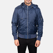 
تفاصيل مقربة of Knit Rib with Removable Nylon Hood & Zipper Hardware on Blue Hooded Bomber Jacket