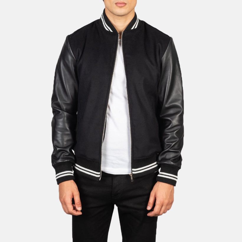 Harrison أسود Hybrid Varsity جاكيت جلد رجالي