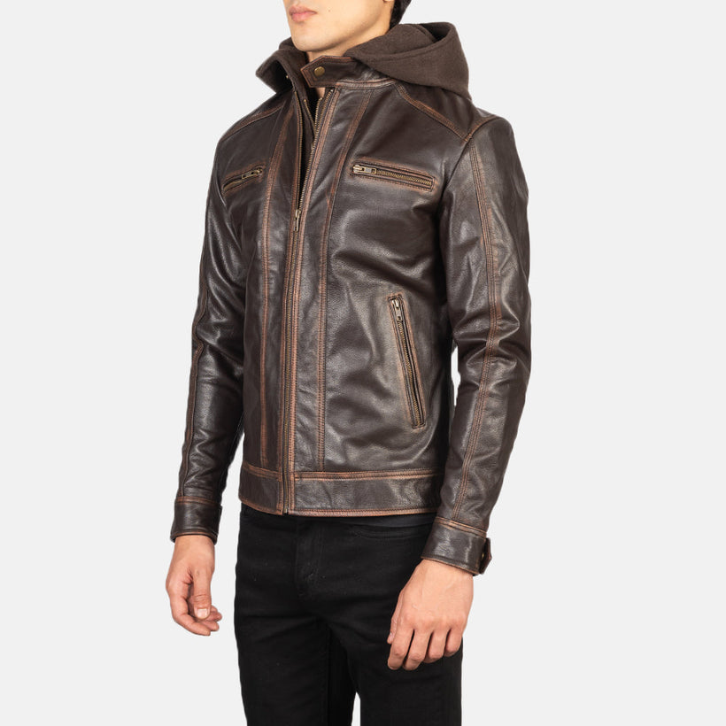 Hector Vintage بني Hooded جاكيت بايكر جلد طبيعي رجالي