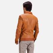 
Tan Brown Sheepskin Leather Biker Jacket - عرض خلفي يوضح تفصيل الأكتاف المتقن والحاشية النظيفة