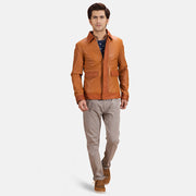 
تفاصيل مقربة of Shirt & Zipper with wind flap Hardware on Hubert بيج تان بني جاكيت جلد رجالي