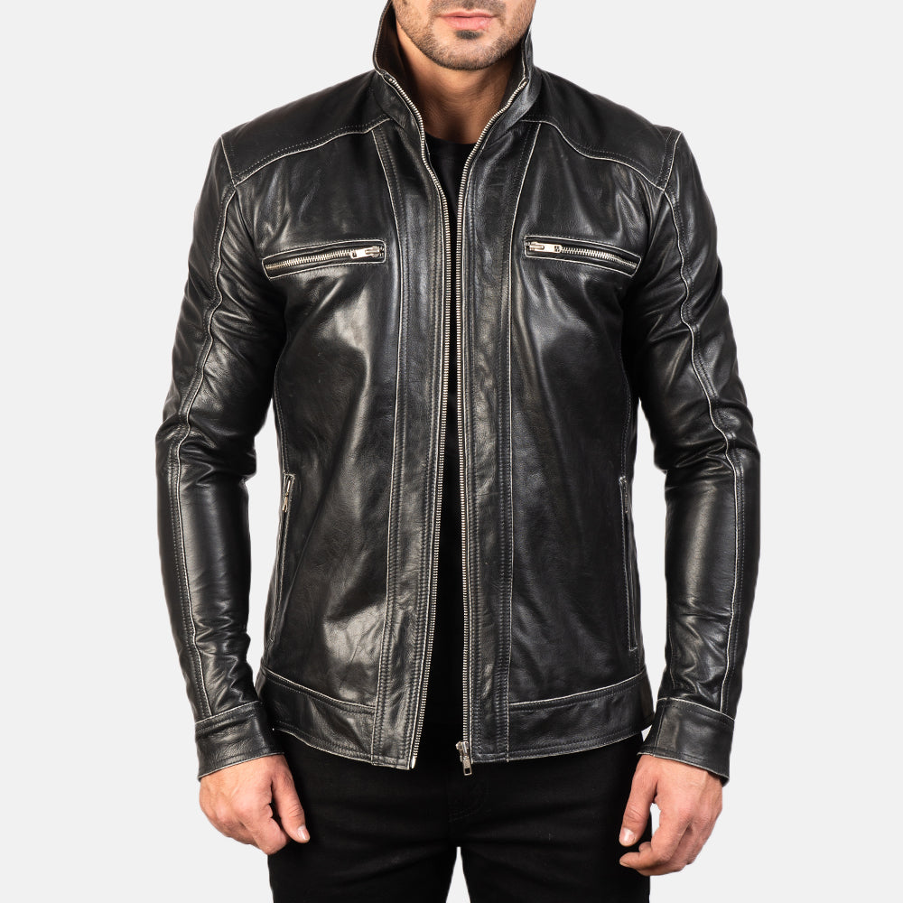 Hudson Black Leather Biker Jacket in Black Cowhide Leather - Front Profile View &amp; Tailored Silhouette | Buy Online