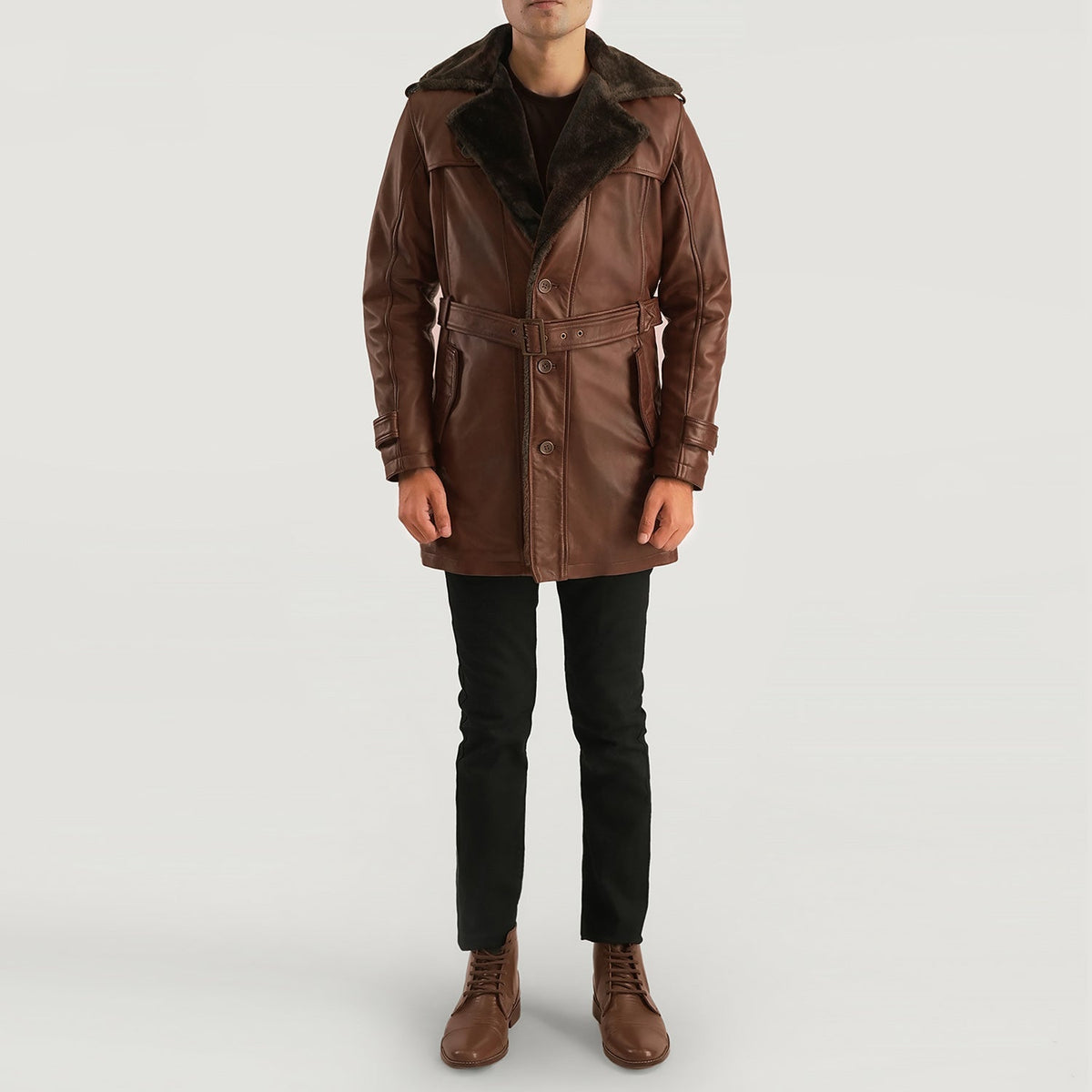 
تفاصيل مقربة of Notch & Button Hardware on Hunter Distressed بني Fur معطف جلد فاخر رجالي