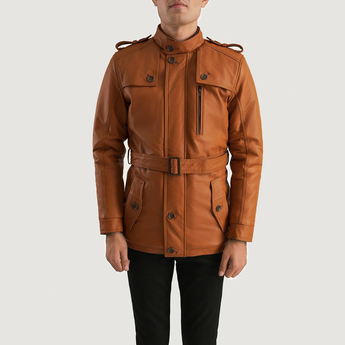 
تفاصيل مقربة of Band (Buttoned) & Zipper with Button Flap Hardware on Hunter بيج تان بني Fur جاكيت جلد رجالي