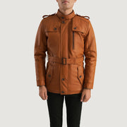
تفاصيل مقربة of Band (Buttoned) & Zipper with Button Flap Hardware on Hunter بيج تان بني Fur جاكيت جلد رجالي