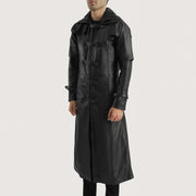 
Black. Cowhide Leather Trench Coat - عرض خلفي يوضح تفصيل الأكتاف المتقن والحاشية النظيفة