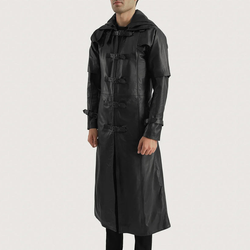 Huntsman أسود Hooded معطف ترنش جلد رجالي