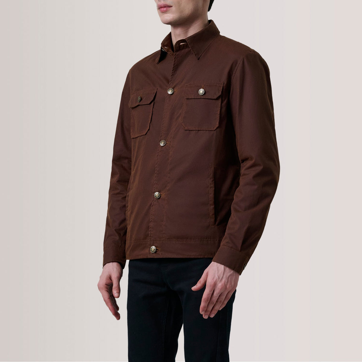 Irwin بني Waxed Canvas Field جاكيت جلد رجالي For Men - Lateral Side Profile View Showing Sleeve Cut &amp; Athletic Taper Fit