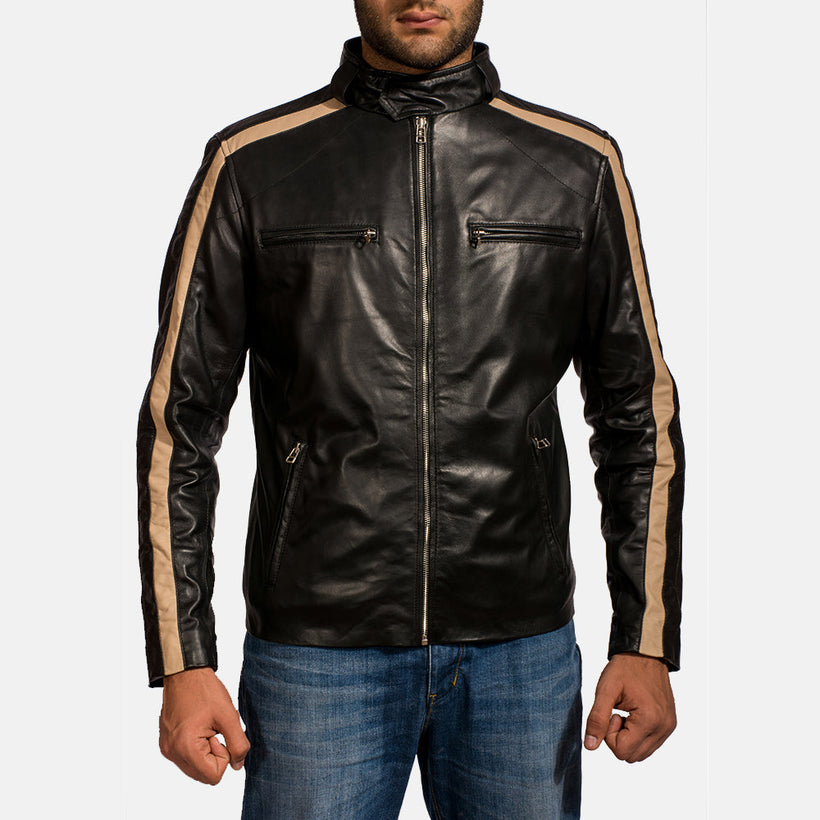 Jack أسود جاكيت بايكر جلد رجالي