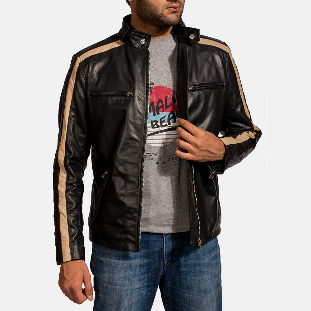 Men's Jack أسود جاكيت بايكر جلد رجالي - Lateral Side Profile View Showing Sleeve Cut &amp; Athletic Taper Fit