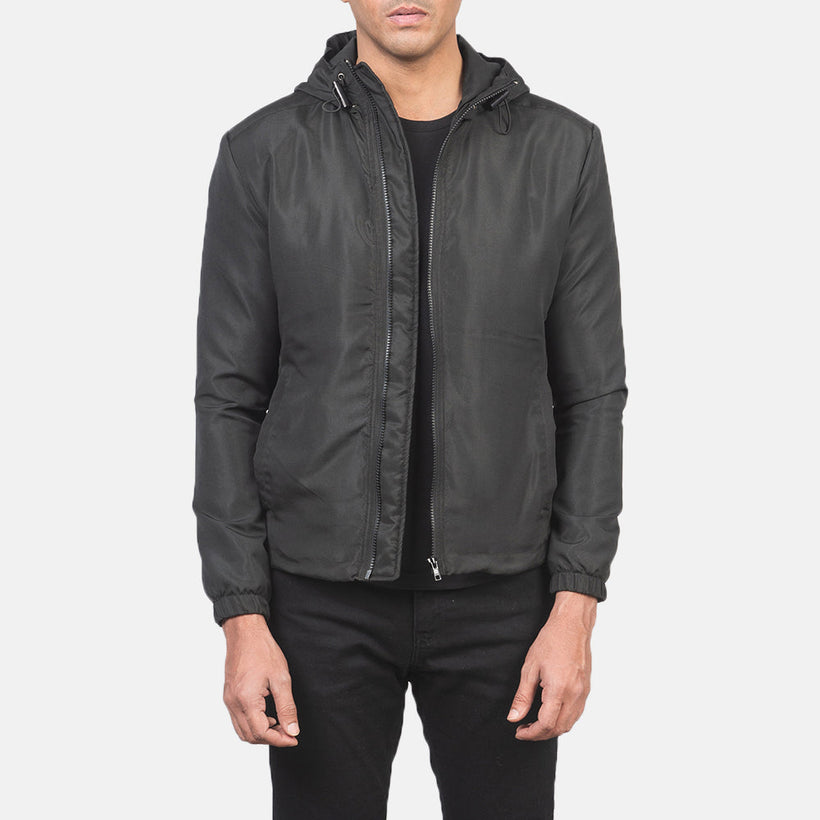 Jimmy أسود Hooded Windbreaker جاكيت جلد رجالي