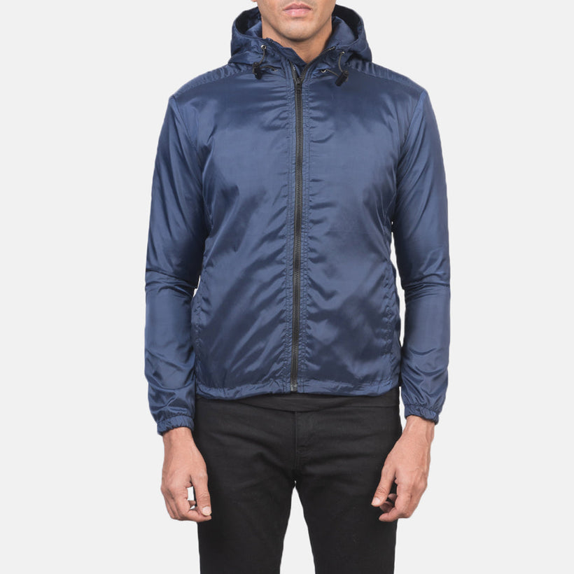 Jimmy أزرق Hooded Windbreaker جاكيت جلد رجالي