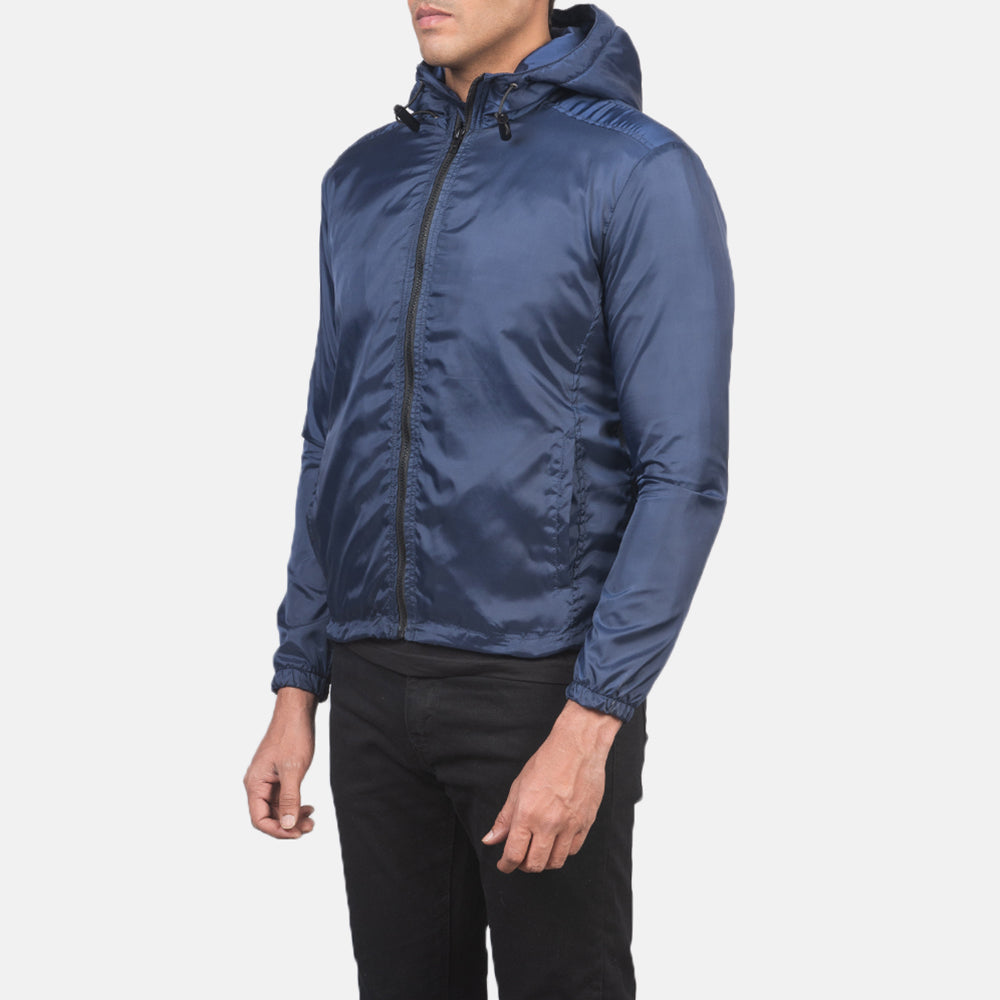 
Blue Nylon Hooded Jacket - عرض خلفي يوضح تفصيل الأكتاف المتقن والحاشية النظيفة
