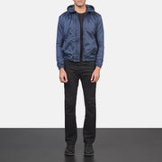 
Jimmy أزرق Hooded Windbreaker جاكيت جلد رجالي - عرض جانبي يوضح قَصّة الأكمام المريحة