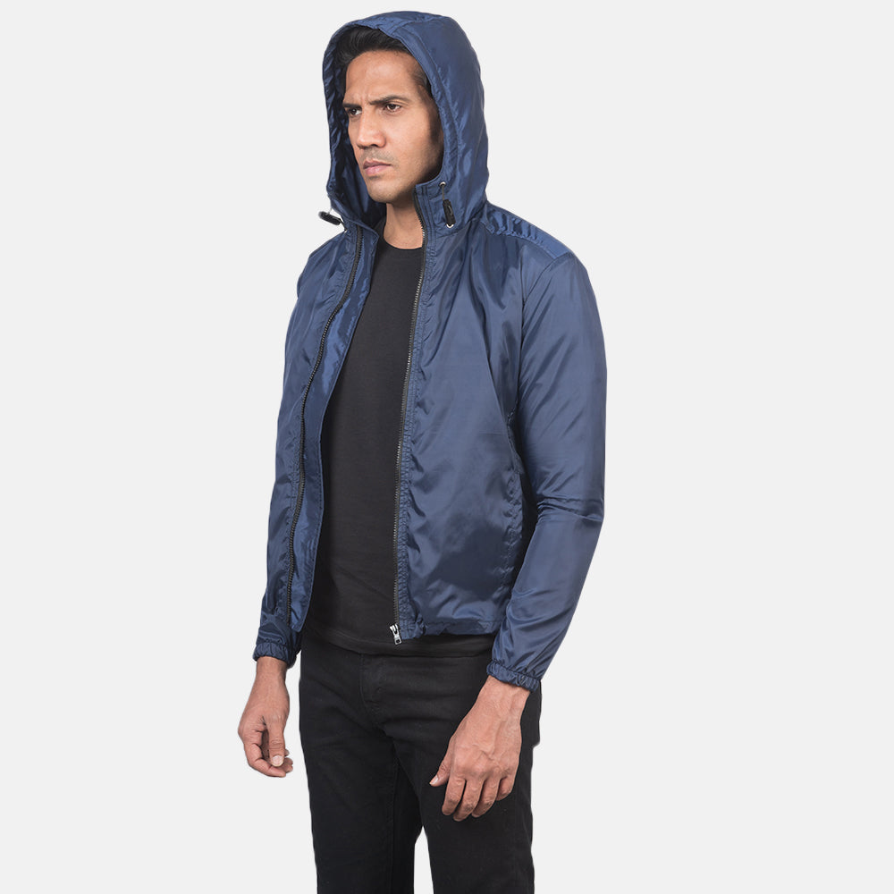 
تفاصيل مقربة of High Neck with Hood & Zipper with wind flap Hardware on Jimmy أزرق Hooded Windbreaker جاكيت جلد رجالي