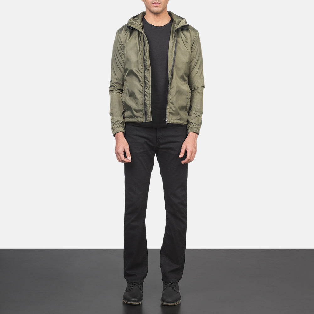 
Jimmy أخضر Hooded Windbreaker جاكيت جلد رجالي - عرض جانبي يوضح قَصّة الأكمام المريحة