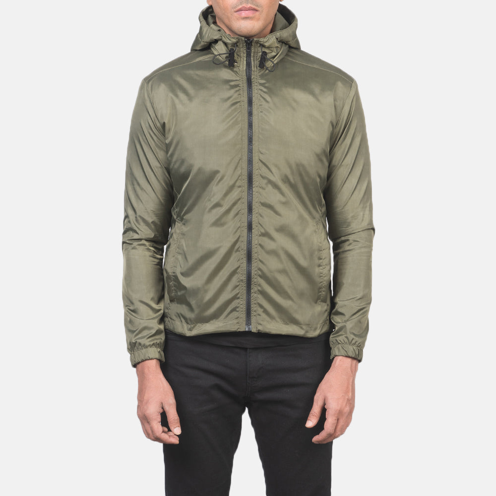 تفاصيل مقربة of High Neck with Hood & Zipper with wind flap Hardware on Jimmy Green Hooded Windbreaker Jacket
