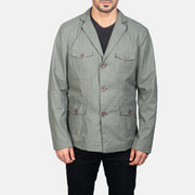 Close-Up Detail of Notch &amp; Button Hardware on Kajetan Grey Safari جاكيت جلد رجالي