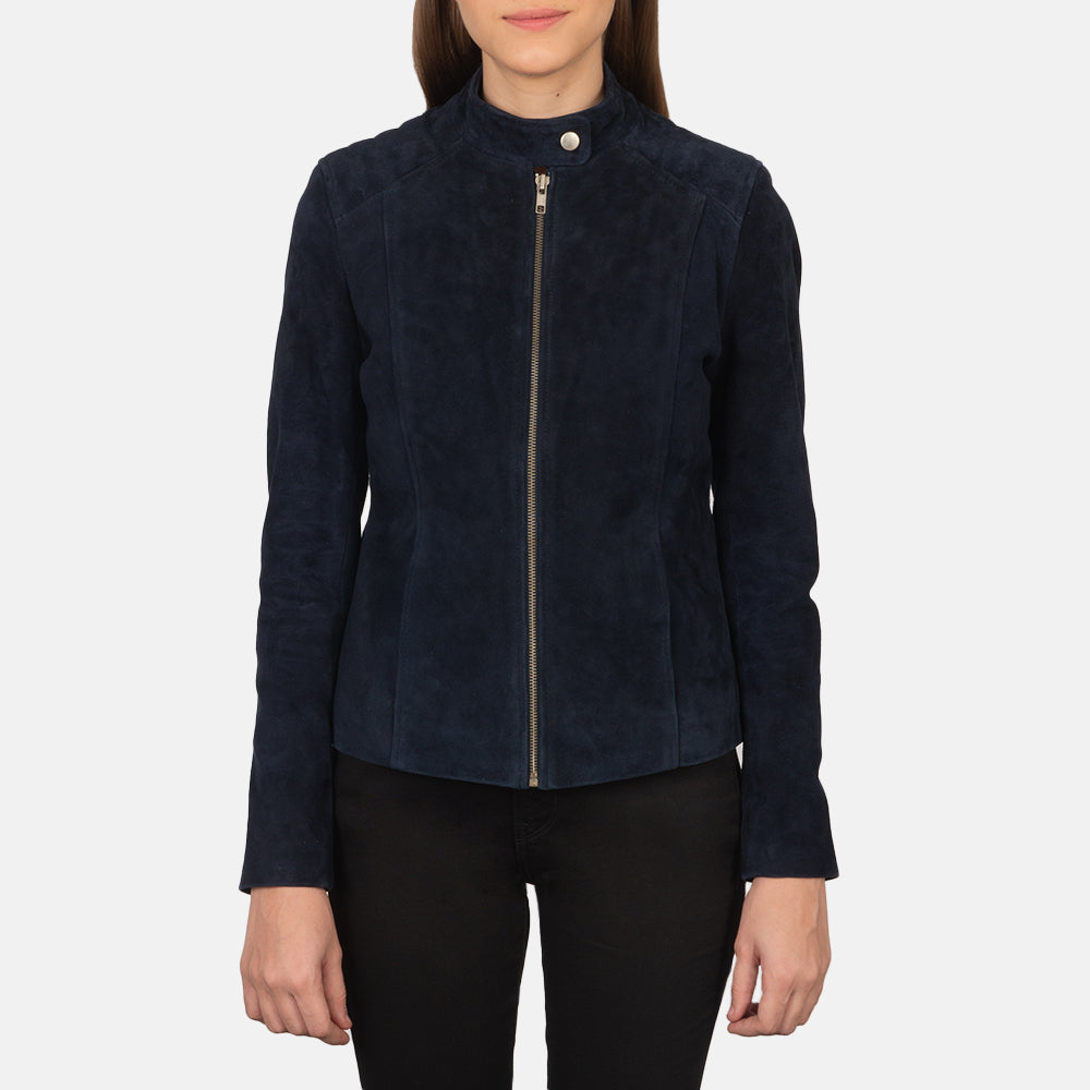 Close-Up Detail of Band with snap button &amp; Zipper Hardware on Women's Kelsee Navy Blue Suede Biker Jacket
