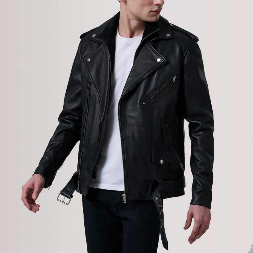 Kole أسود Leather Double Rider جاكيت جلد رجالي