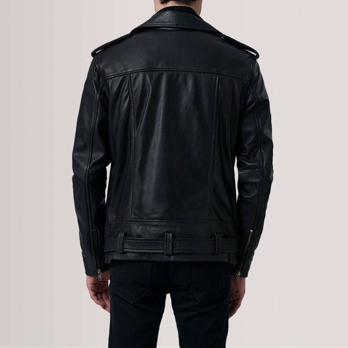 
تفاصيل مقربة of Notch & Zipper & Waist Straps Hardware on Kole أسود Leather Double Rider جاكيت جلد رجالي For Men