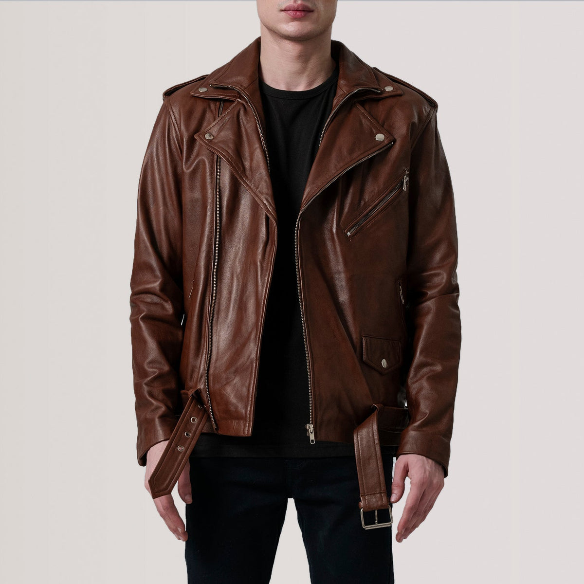 
Kole Waxed بني Leather Double Rider جاكيت جلد رجالي in Distressed Brown Sheepskin Burnished - عرض أمامي وقَصّة مفصلة أنيقة | شراء أونلاين عبر المتجر الرسمي