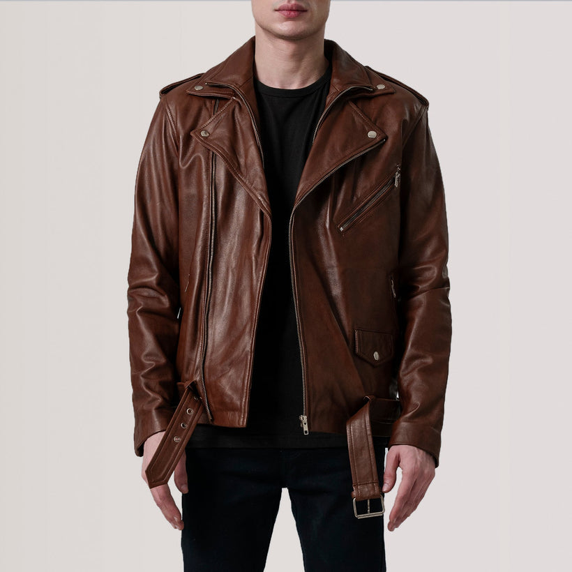 Kole Waxed بني Leather Double Rider جاكيت جلد رجالي
