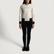 Close-Up Detail of Varsity &amp; Zipper Hardware on Women's Lana Silver جاكيت بومبر جلد نسائي
