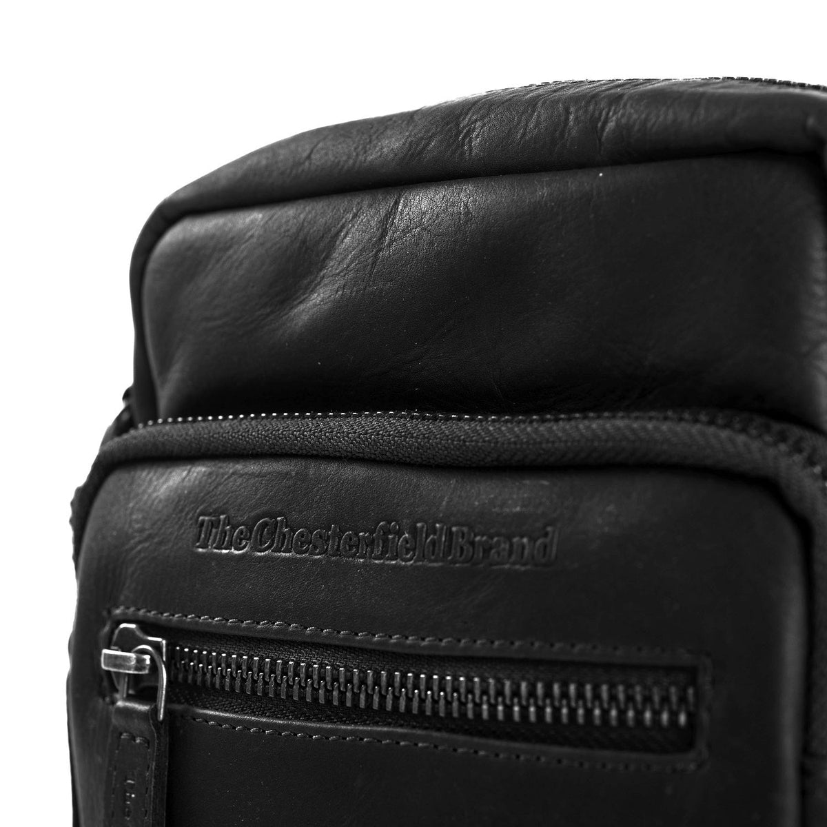Solid Antique Brass Hardware &amp; Heavy-Duty Dual Zipper Detail on Bremen Full-Grain Leather Crossbody Bag رجالي
