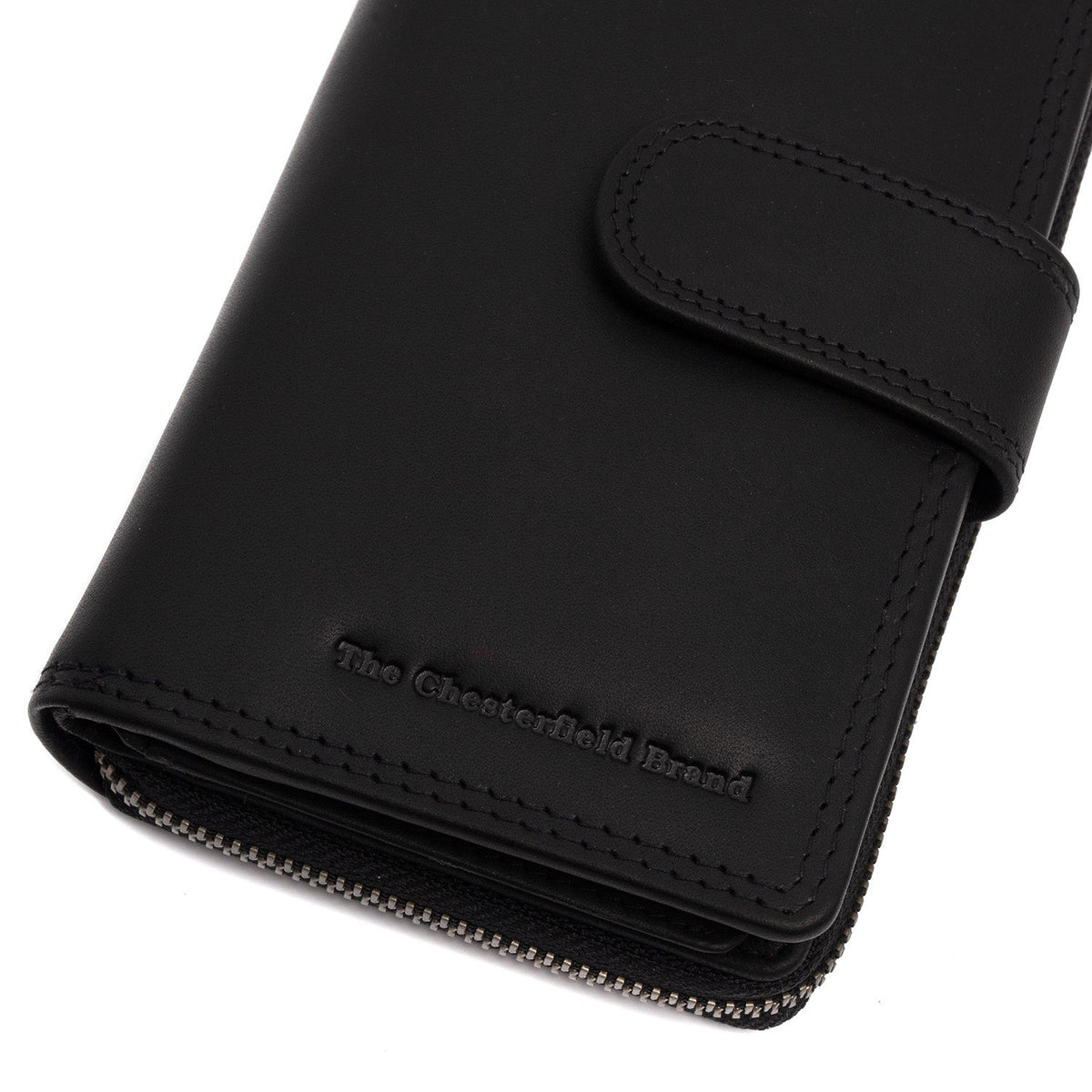 Solid Antique Brass Hardware &amp; Heavy-Duty Dual Zipper Detail on Charlotte Full-Grain Leather Wallet نسائي