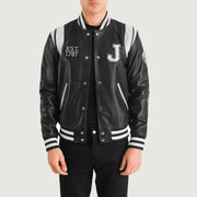 
Liberte New Jersey أسود Leather Varsity جاكيت جلد رجالي in Black & White Sheepskin Leather - عرض أمامي وقَصّة مفصلة أنيقة | شراء أونلاين عبر المتجر الرسمي