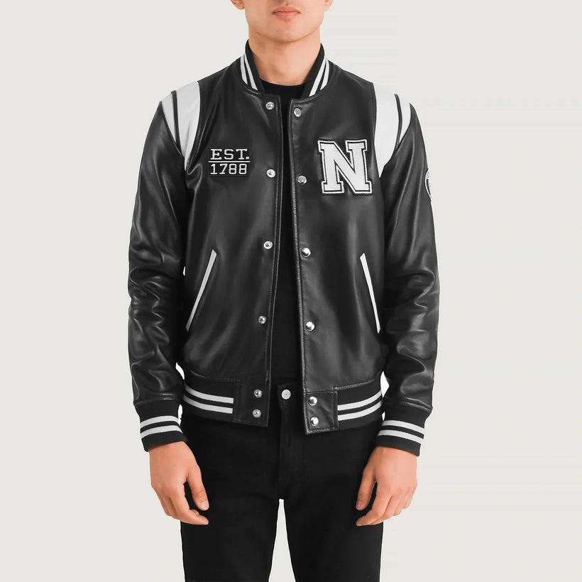 Liberte New York أسود Leather Varsity جاكيت جلد رجالي