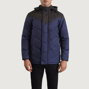 
تفاصيل مقربة of Classic Collar & Zipper With Velcro Placket Hardware on Luka أسود & أزرق Hooded Puffer جاكيت جلد رجالي