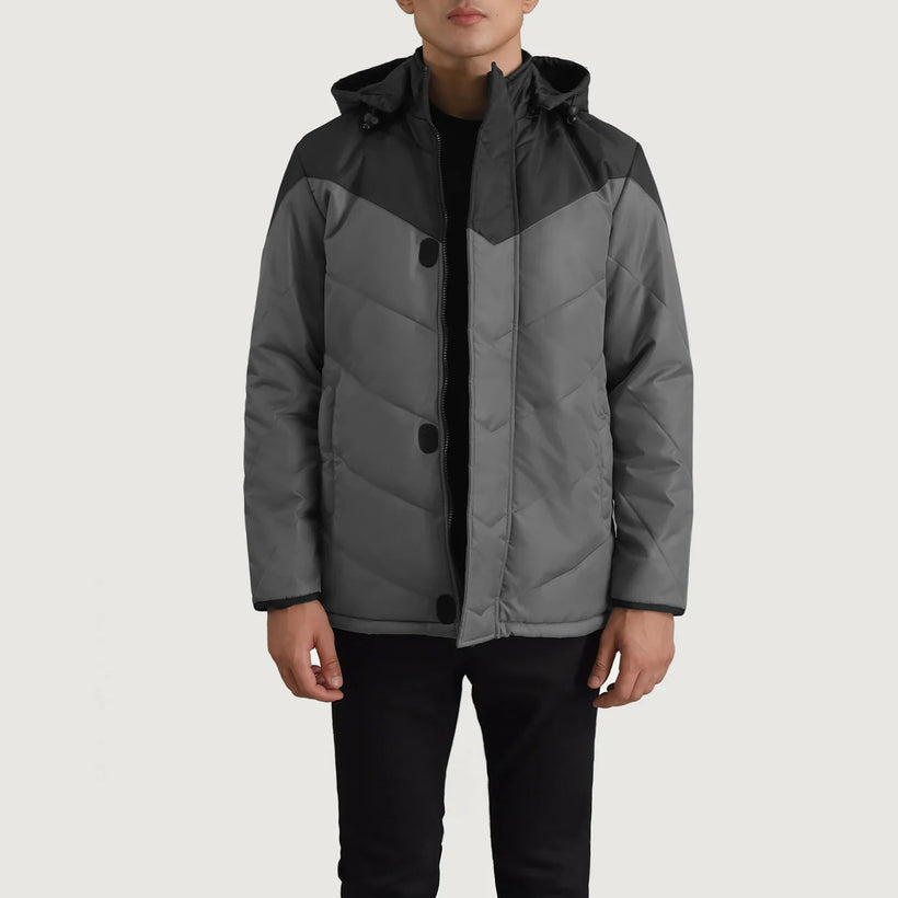 Luka أسود & Grey Hooded Puffer جاكيت جلد رجالي