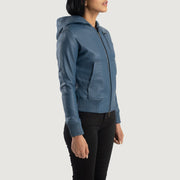 
Blue Sheepskin Leather Bomber Jacket - عرض خلفي يوضح تفصيل الأكتاف المتقن والحاشية النظيفة