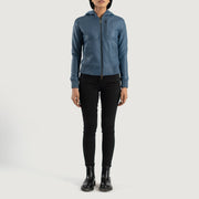 
Luna Blue Hooded Leather Bomber Jacket - عرض جانبي يوضح قَصّة الأكمام المريحة