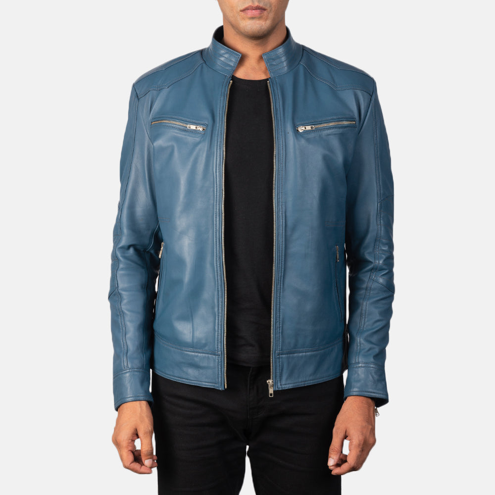 Mack أزرق جاكيت بايكر جلد رجالي in Blue Sheepskin Leather - Front Profile View &amp; Tailored Silhouette | Buy Online