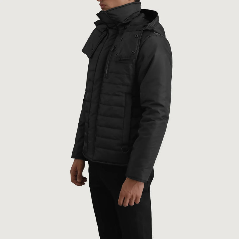Malcolm أسود Hooded Puffer جاكيت جلد رجالي