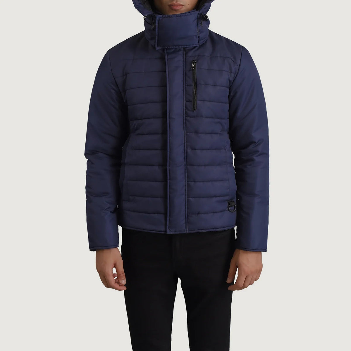 
تفاصيل مقربة of Classic Collar & Zipper With Placket Hardware on Malcolm أزرق Hooded Puffer جاكيت جلد رجالي