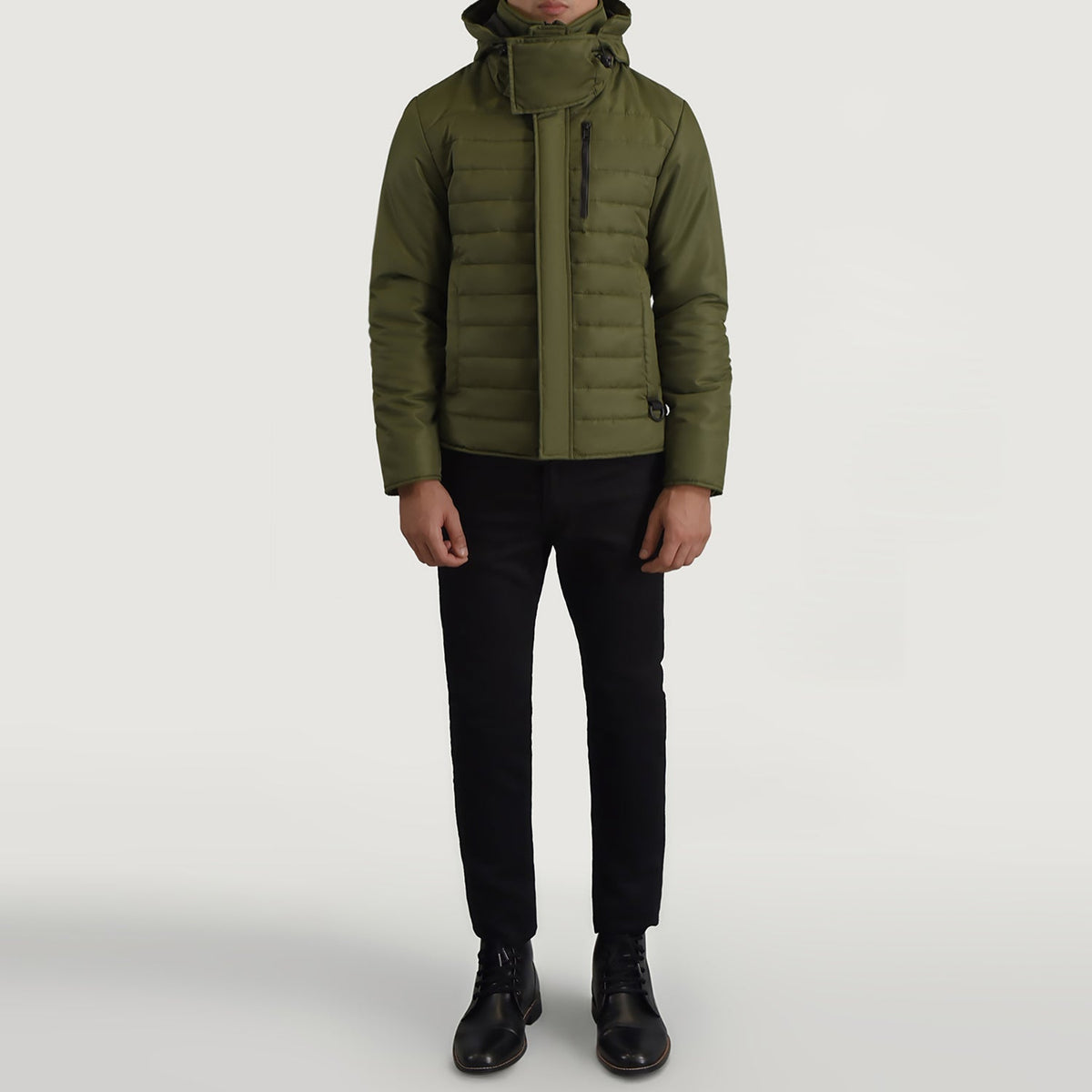 
تفاصيل مقربة of Classic Collar & Zipper With Placket Hardware on Malcolm أخضر Hooded Puffer جاكيت جلد رجالي