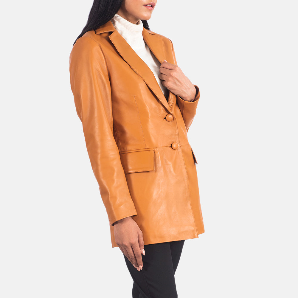 
Tan Brown Sheepskin leather Blazer - عرض خلفي يوضح تفصيل الأكتاف المتقن والحاشية النظيفة