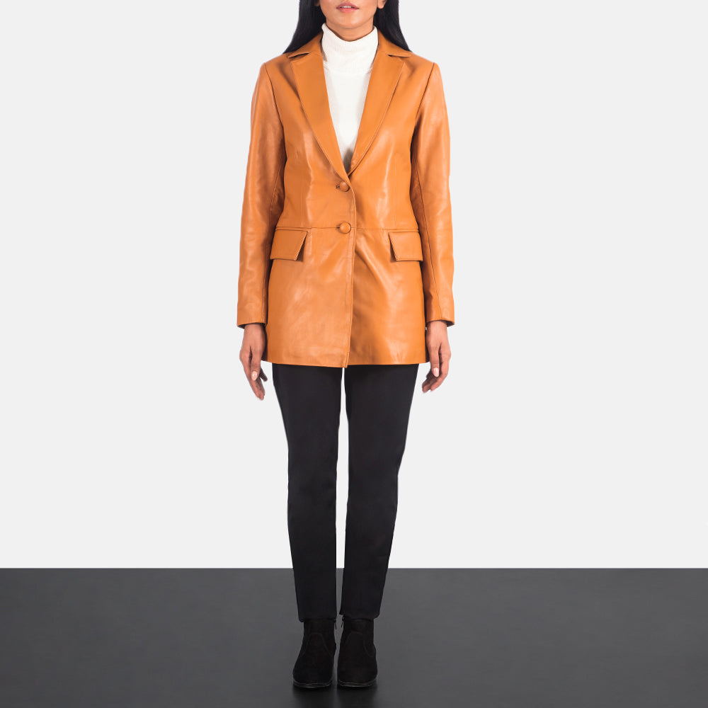 
Marilyn Tan Brown Leather Blazer - عرض جانبي يوضح قَصّة الأكمام المريحة