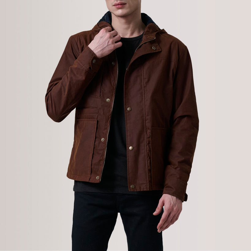Marlo بني Canvas Hooded Work جاكيت جلد رجالي