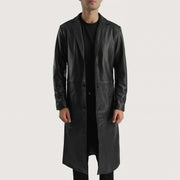
Mateo Black Leather Single Breasted Coat in Black Cowhide Leather - عرض أمامي وقَصّة مفصلة أنيقة | شراء أونلاين عبر المتجر الرسمي