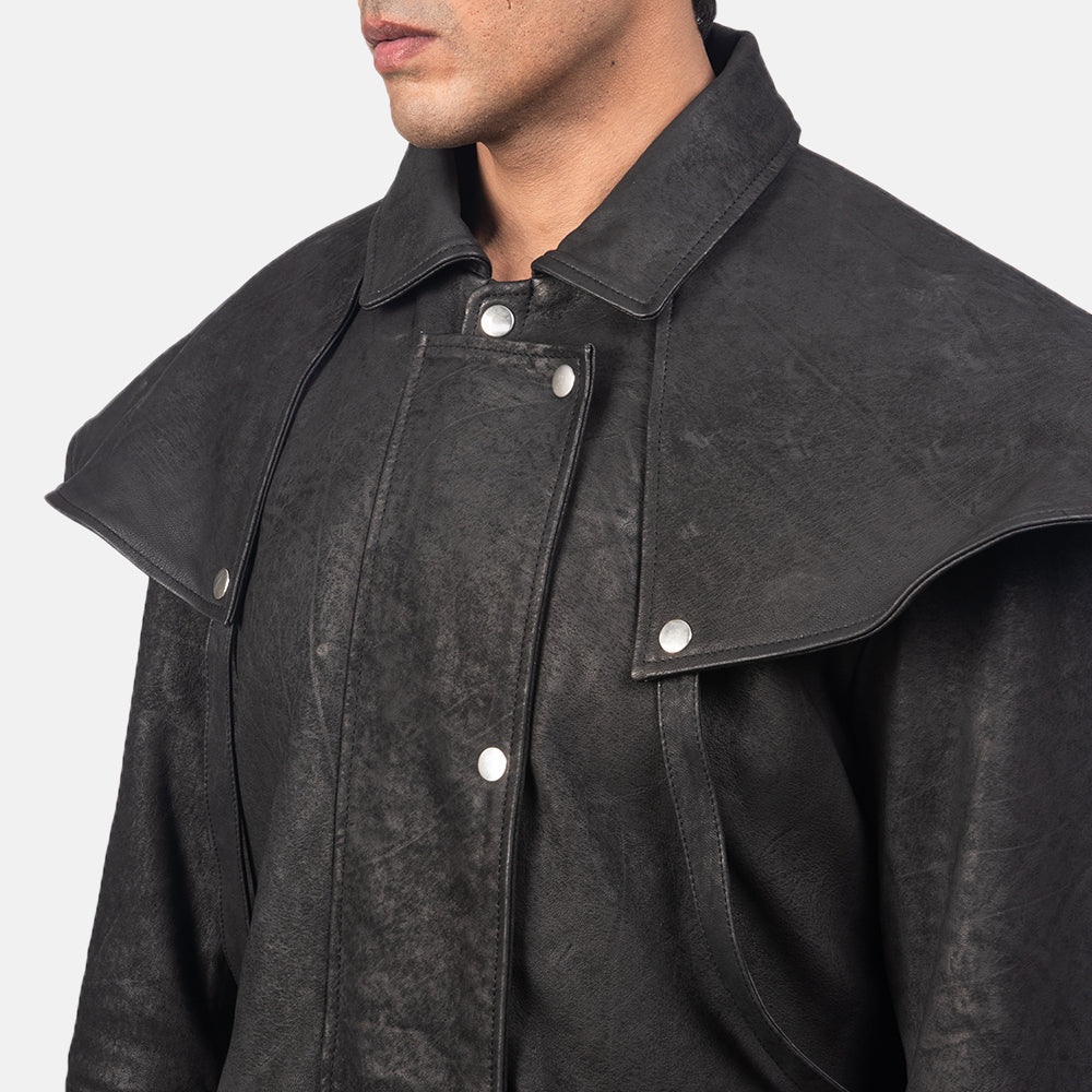 
تفاصيل مقربة of Shirt & Heavy-Duty Zipper Hardware on Maverick أسود Leather Duster رجالي