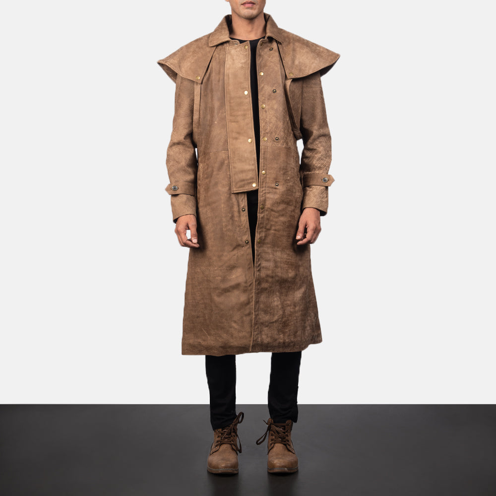 Men's Maverick بني Leather Duster رجالي in Distressed Brown Sheepskin Snuffed - Front Profile View &amp; Tailored Silhouette | Buy Online