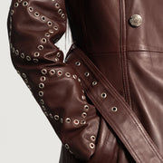 
تفاصيل مقربة of Notch & Button & Waist belt Hardware on Missoni عنابي معطف ترنش جلد نسائي