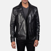 Close-Up Detail of Notch &amp; Buttons Hardware on Mod أسود Leather Peacoat رجالي
