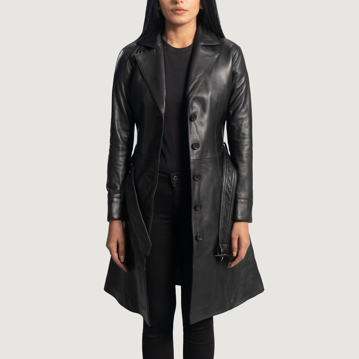 Women's Moonlight أسود معطف ترنش جلد نسائي in Black Sheepskin Leather - Front Profile View &amp; Tailored Silhouette | Buy Online