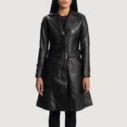 Close-Up Detail of Notch &amp; Button Hardware on Women's Moonlight أسود معطف ترنش جلد نسائي